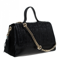 Pre Owned Carolina Herrera Black Monogram Leather Flap Top Handle Bag