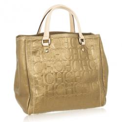 Pre Owned Carolina Herrera Gold Monogram Embossed Tote