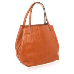 Pre Owned Carolina Herrera Burnt Orange Matryoshka Monogram Leather Tote