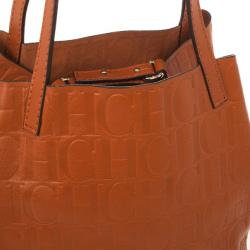 Pre Owned Carolina Herrera Burnt Orange Matryoshka Monogram Leather Tote