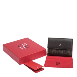 Pre Owned Carolina Herrera Dark Brown Monogram Coated Canvas and Leather Flap Compact Wallet
