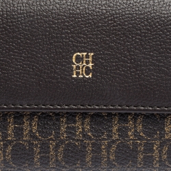 Pre Owned Carolina Herrera Dark Brown Monogram Coated Canvas and Leather Flap Compact Wallet