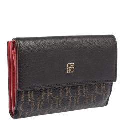Pre Owned Carolina Herrera Dark Brown Monogram Coated Canvas and Leather Flap Compact Wallet