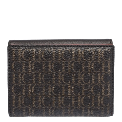 Pre Owned Carolina Herrera Dark Brown Monogram Coated Canvas and Leather Flap Compact Wallet