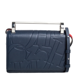 Carolina Herrera Navy Blue/Red Embossed Leather Insignia Flap Top Handle Bag