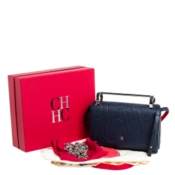 Carolina Herrera Navy Blue/Red Embossed Leather Insignia Flap Top Handle Bag
