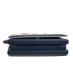 Carolina Herrera Navy Blue/Red Embossed Leather Insignia Flap Top Handle Bag