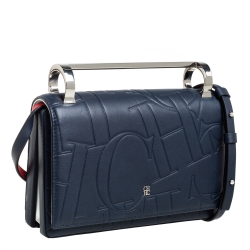 Carolina Herrera Navy Blue/Red Embossed Leather Insignia Flap Top Handle Bag