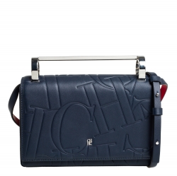 Carolina Herrera Navy Blue/Red Embossed Leather Insignia Flap Top Handle Bag