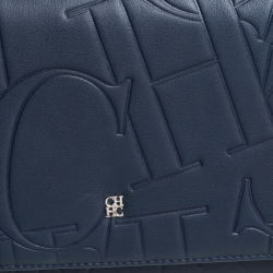 Carolina Herrera Navy Blue/Red Embossed Leather Insignia Flap Top Handle Bag