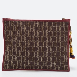 Pre Owned Carolina Herrera Burgundy/Dark Brown Monogram Canvas and Leather Flat Pouch