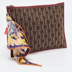 Pre Owned Carolina Herrera Burgundy/Dark Brown Monogram Canvas and Leather Flat Pouch