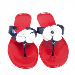 Carolina Herrera Tri Color Rubber Flower Embellished Flat Thong Sandals Size 40