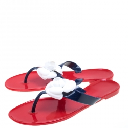 Carolina Herrera Tri Color Rubber Flower Embellished Flat Thong Sandals Size 40