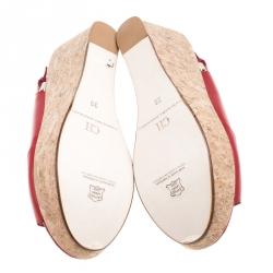 Pre Owned Carolina Herrera Red Leather Cork Platform Peep Toe Slingback Sandals Size 39