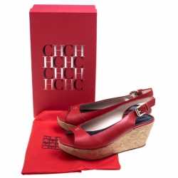 Pre Owned Carolina Herrera Red Leather Cork Platform Peep Toe Slingback Sandals Size 39