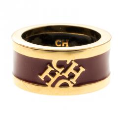 Pre Owned Carolina Herrera CH Burgundy Enamel Gold Tone Band Ring Size 54.5