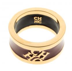 Pre Owned Carolina Herrera CH Burgundy Enamel Gold Tone Band Ring Size 54.5