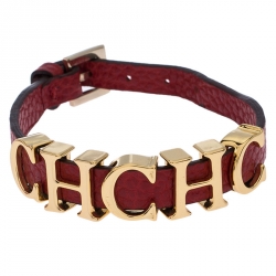 Pre Owned  Carolina Herrera CH Logo Red Leather Gold Tone Bracelet