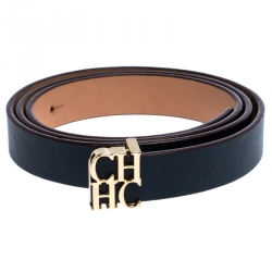 Pre Owned Carolina Herrera Dark Blue Leather CHHC Buckle Belt 85CM