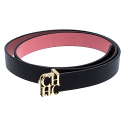 Pre Owned Carolina Herrera Black Leather CHHC Buckle Belt 80CM