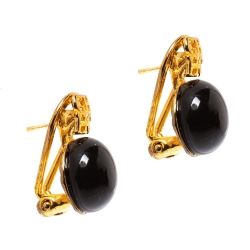 Pre Owned CH Carolina Herrera Black Resin Metal Logo Gold Tone Earrings