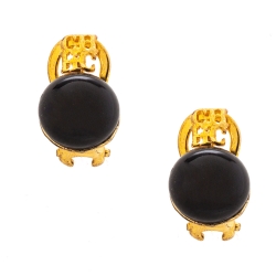 Pre Owned CH Carolina Herrera Black Resin Metal Logo Gold Tone Earrings