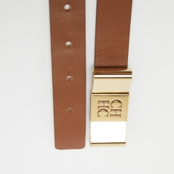 Pre Owned Carolina Herrera Brown Leather CH Metal Bow Waist Belt 80CM