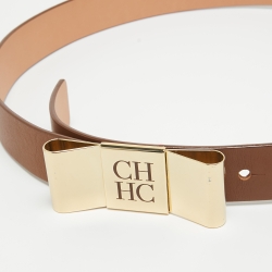 Pre Owned Carolina Herrera Brown Leather CH Metal Bow Waist Belt 80CM