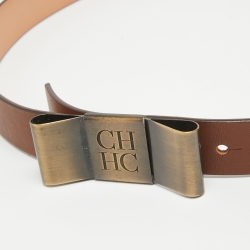 Pre Owned Carolina Herrera Brown Leather Metal Bow Waist Belt 85CM