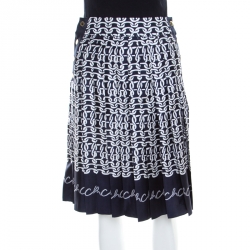 Pre Owned Carolina Herrera Indigo Nautical Print Silk Pleated Skirt XS