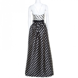 Pre Owned Carolina Herrera Monochrome Polka Dot Strapless Evening Gown S