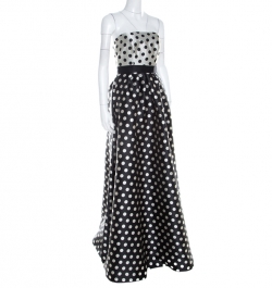 Pre Owned Carolina Herrera Monochrome Polka Dot Strapless Evening Gown S