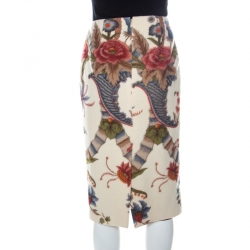 Pre Owned Carolina Herrera Beige Felted Wool Floral Print Sheath Skirt M