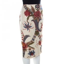 Pre Owned Carolina Herrera Beige Felted Wool Floral Print Sheath Skirt M
