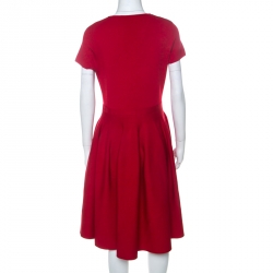 Pre Owned CH Carolina Herrera Red Stretch Knit Bow Detail A Line Skater Dress M