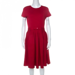 Pre Owned CH Carolina Herrera Red Stretch Knit Bow Detail A Line Skater Dress M
