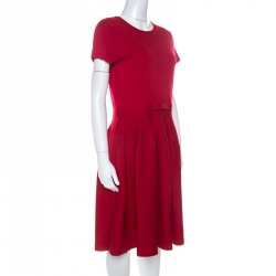 Pre Owned CH Carolina Herrera Red Stretch Knit Bow Detail A Line Skater Dress M