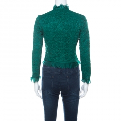 Pre Owned Carolina Herrera Green Lace & Silk Ruffle Trimmed Crystal Button Jacket S