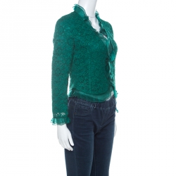 Pre Owned Carolina Herrera Green Lace & Silk Ruffle Trimmed Crystal Button Jacket S