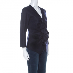 Pre Owned CH Carolina Herrera Navy Blue Fleece Wool Ruffle Detail Zip Front Jacket M