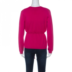 Pre Owned Carolina Herrera Fuschia Pink Crochet Knit Belted Cardigan S