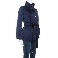 Pre Owned Carolina Herrera Navy Blue Ruched Collar Belted Puffer Jacket XS