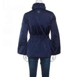 Pre Owned Carolina Herrera Navy Blue Ruched Collar Belted Puffer Jacket XS