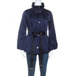 Pre Owned Carolina Herrera Navy Blue Ruched Collar Belted Puffer Jacket XS