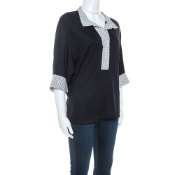 Pre Owned Carolina Herrera Navy Blue Jersey Contrast Trim Dolman Sleeve Top M