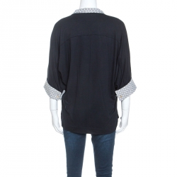 Pre Owned Carolina Herrera Navy Blue Jersey Contrast Trim Dolman Sleeve Top M