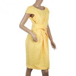 Pre Owned Carolina Herrera Yellow Cotton Lace Dress M