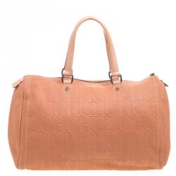 Pre Owned Carolina Herrera Peach Monogram Leather Andy Boston Bag