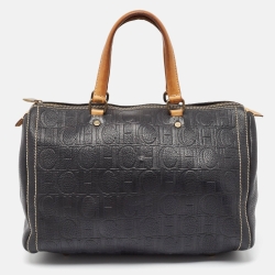 Pre Owned Carolina Herrera Black/Beige Monogram Leather Large Andy Boston Bag